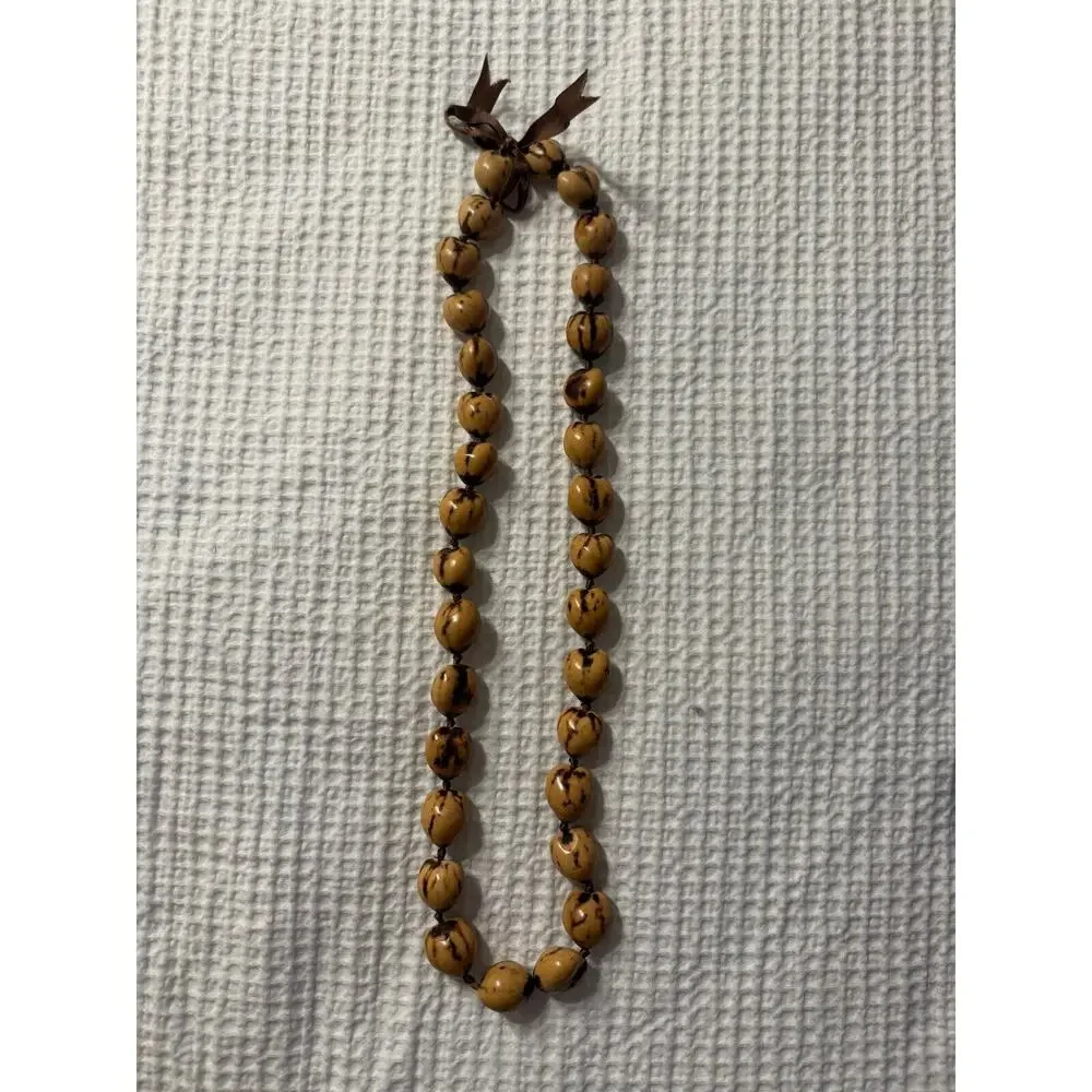 Brown Beige Beaded Long Necklace Bow Tie Tribal Boho Bohemian